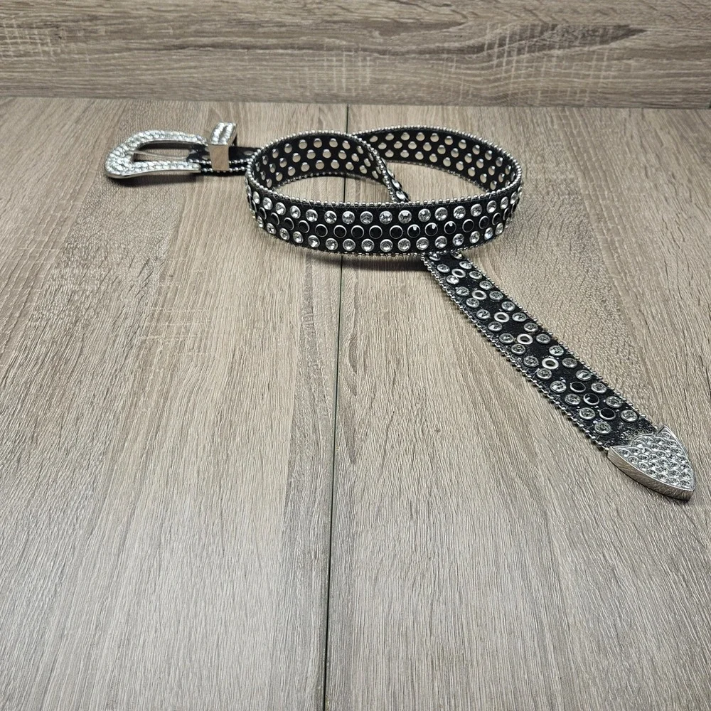 Black Rhinestone Western Belt Silver Studded Glitter Strap Crystal Buckle Sz 32